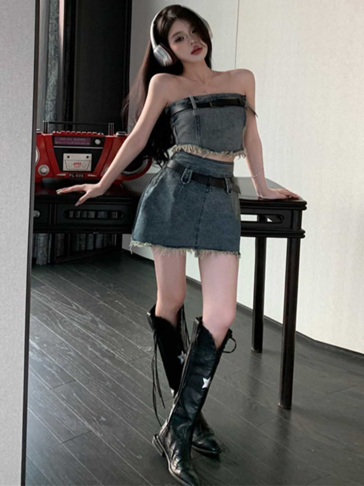 デニムセットアップ ベルト付きフリンジビスチェミニセット