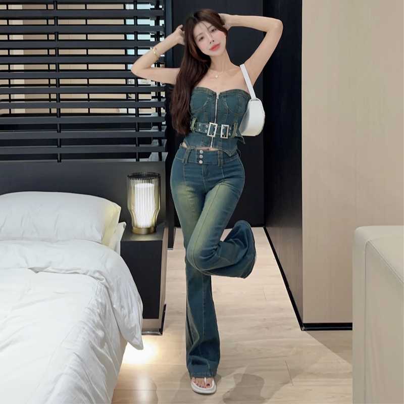 デニムセットアップ ベルト付きデニムビスチェセット