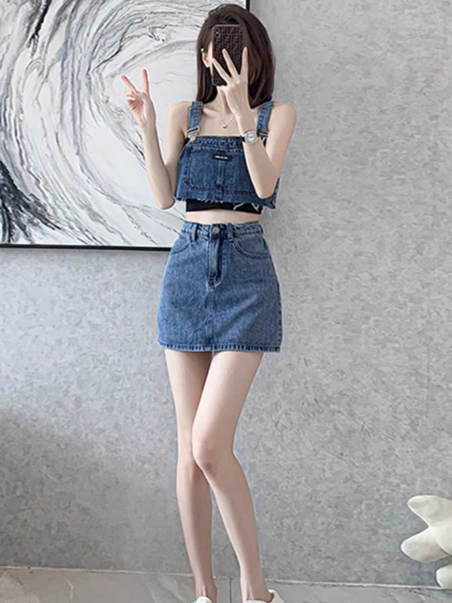 デニムセットアップ カットオフビスチェセットアップ