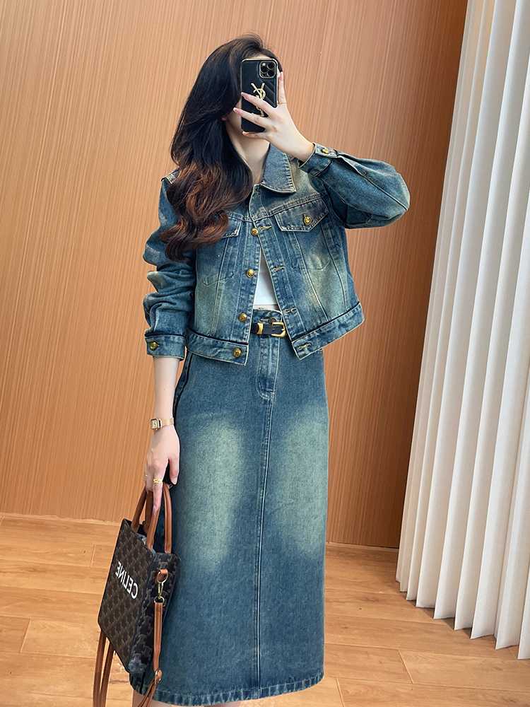 デニムセットアップ クラシック風ロングスカートセット