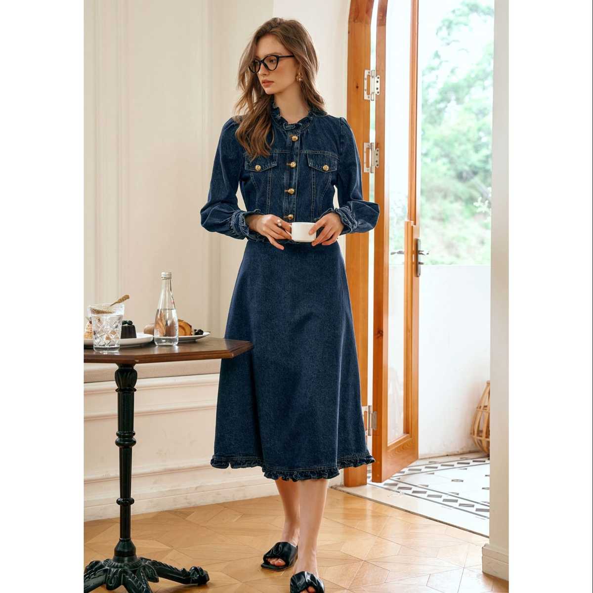 デニムセットアップ フリルカラー デニムスカートセット