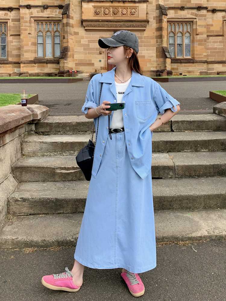 デニムセットアップ ゆったりシルエット折り返し袖シャツスカートセット