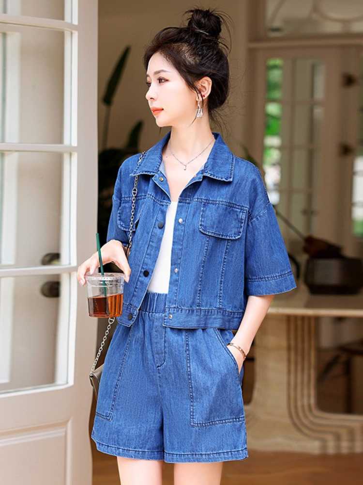 デニムセットアップ ゆったり上品な半袖ショートセット