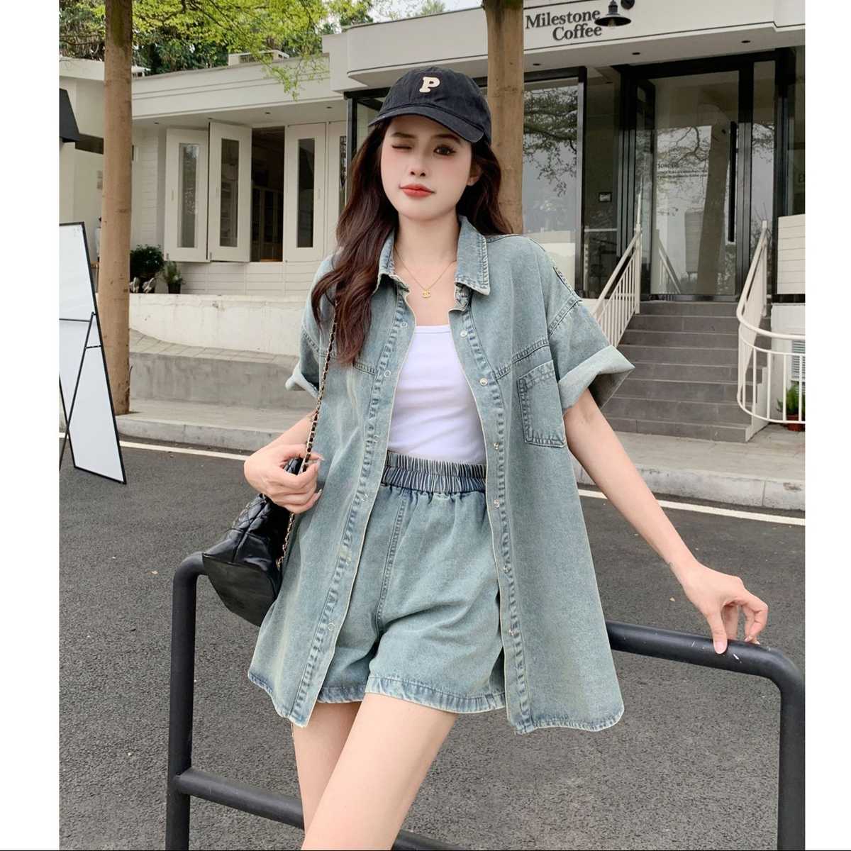 デニムセットアップ ゆったりデニム半袖シャツセット