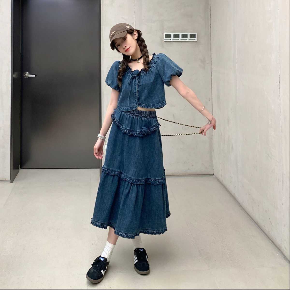 デニムセットアップ ローズフリル デニムセットアップ