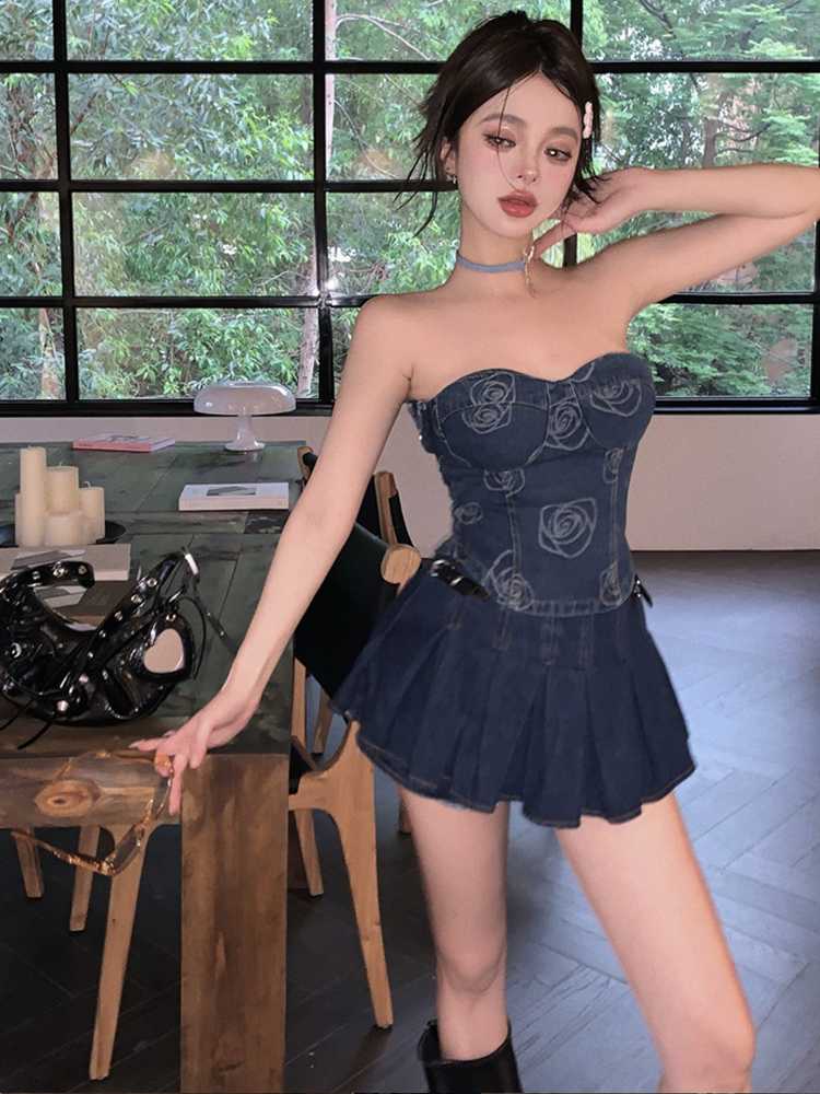 デニムセットアップ バラ刺繍デニムビスチェ プリーツスカートセット