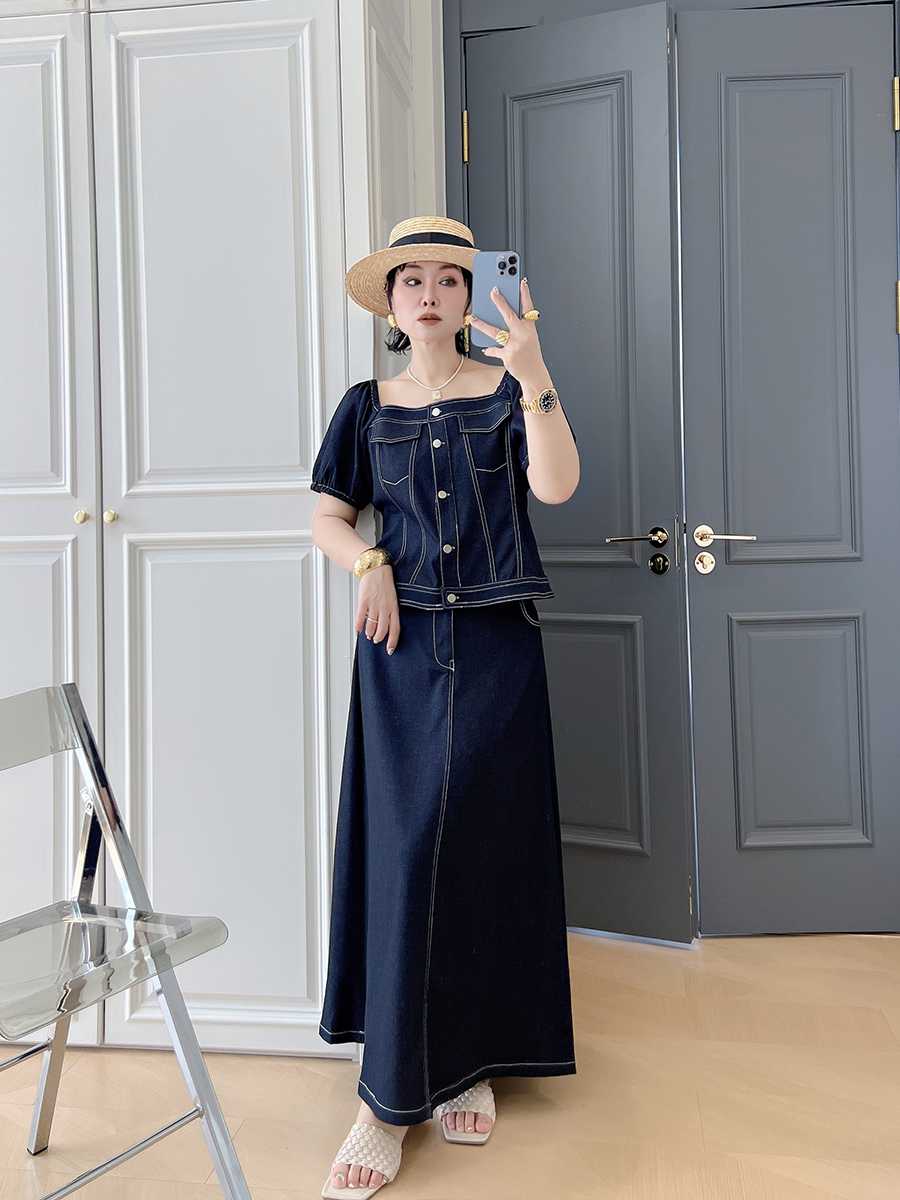 デニムセットアップ スクエアネックロングデニムスカートセット