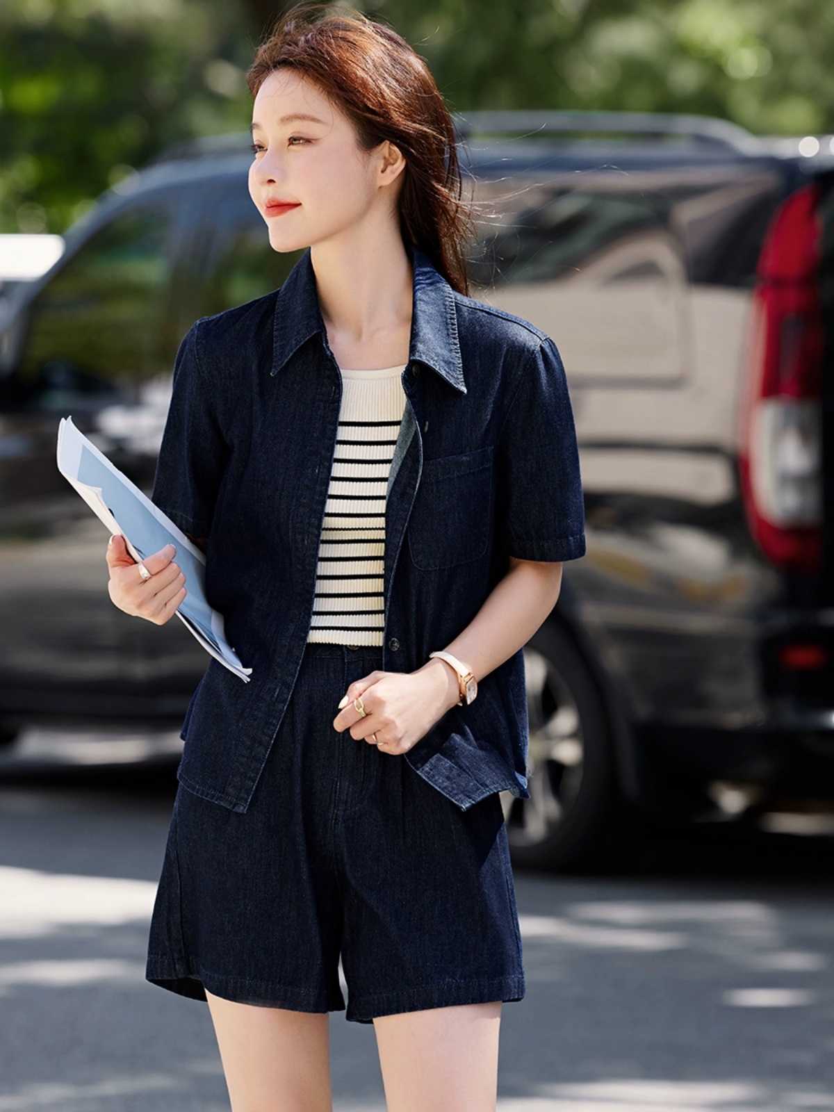 デニムセットアップ 洗練半袖デニムショートパンツセット