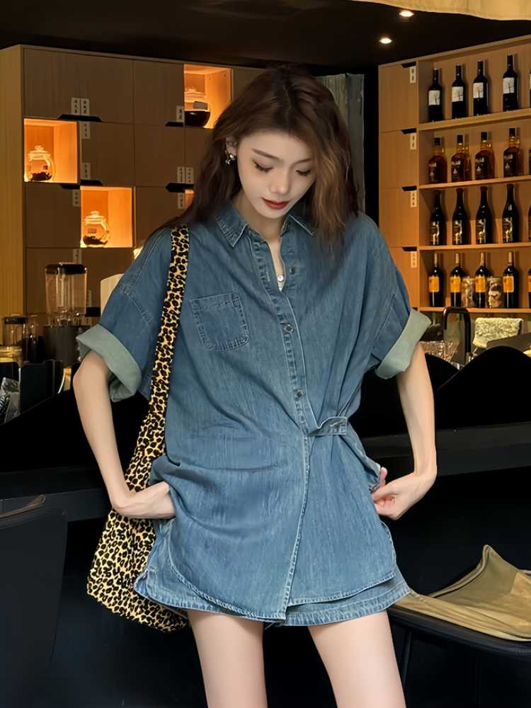 デニムセットアップ リラックス風合いウエストマークシャツセット