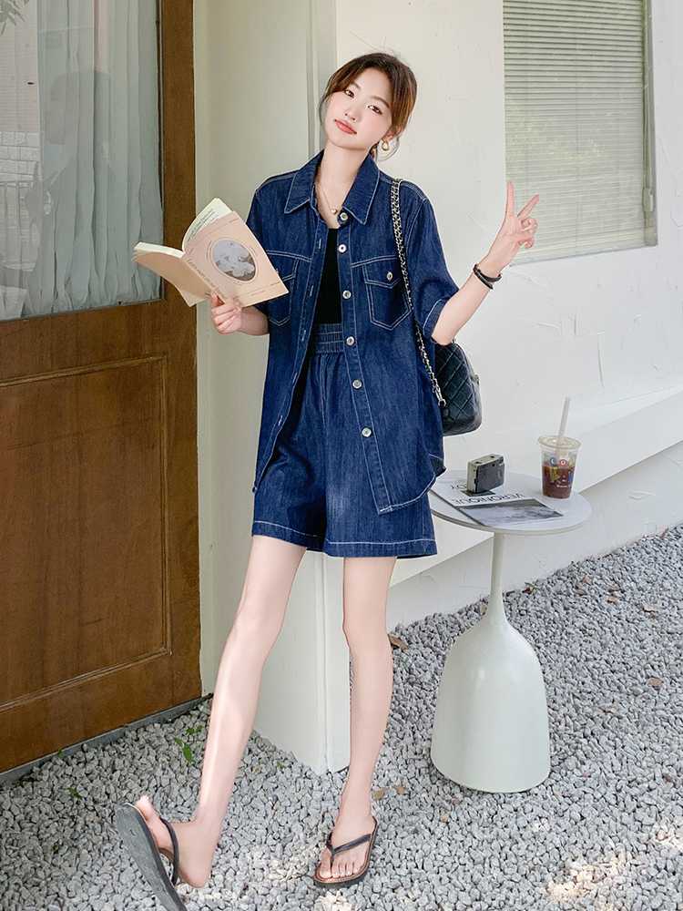 デニムセットアップ ゆったり半袖デニムセットアップ