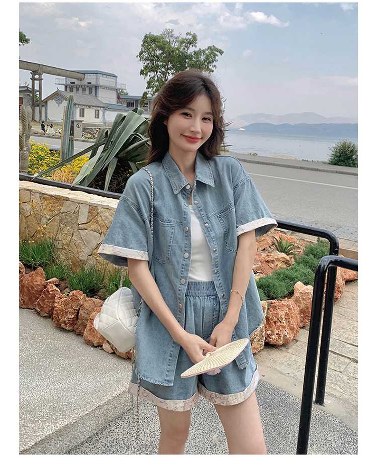 デニムセットアップ レース縁取りゆったりデニムセット