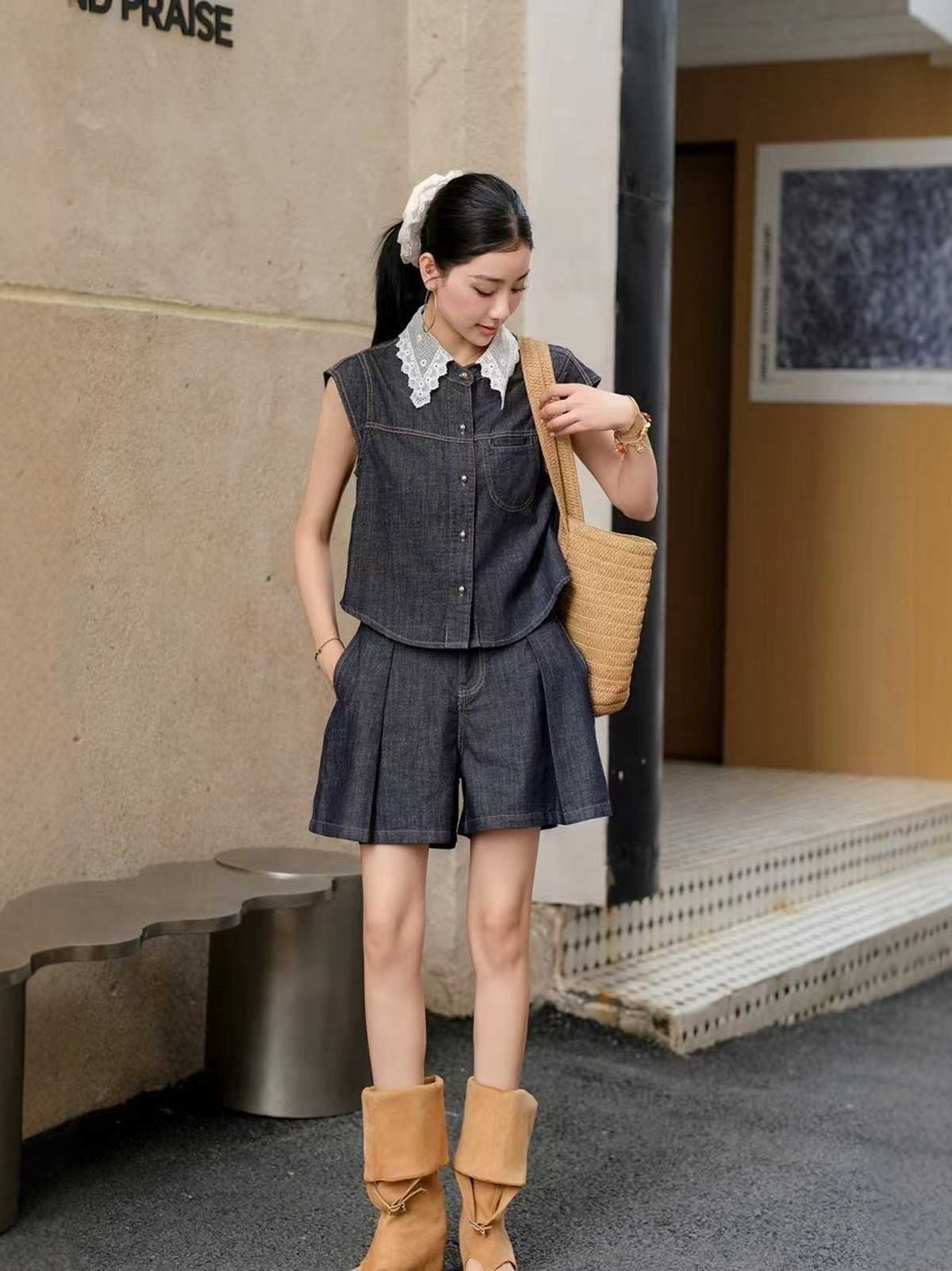 デニムセットアップ レース襟デニムセットアップ