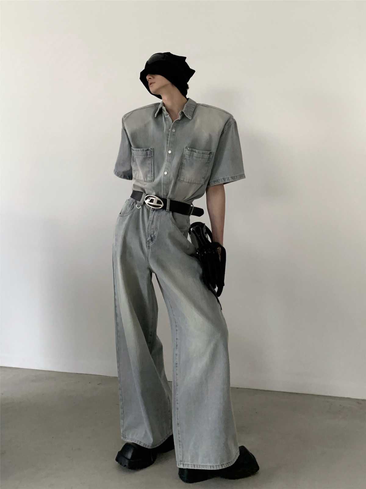 デニムセットアップ ワイドシルエット半袖デニムセットアップ