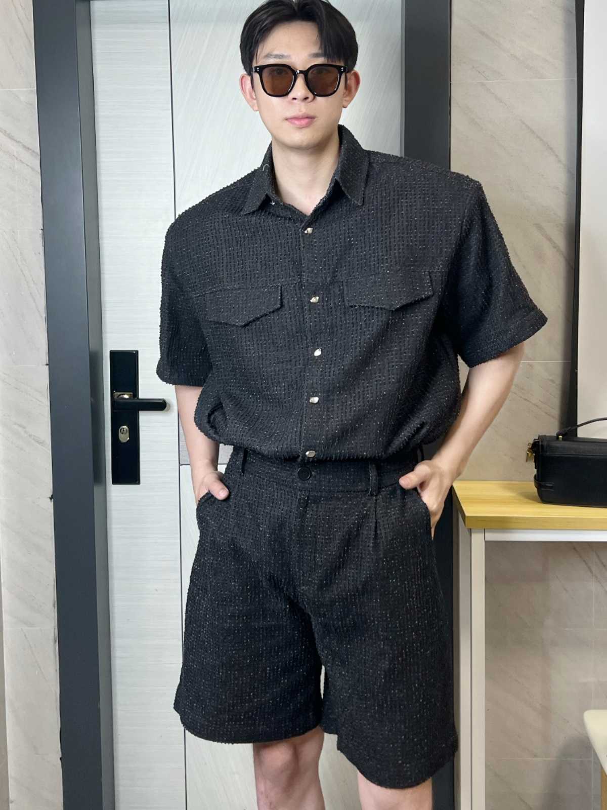 デニムセットアップ ツイード風半袖シャツハーフパンツセット