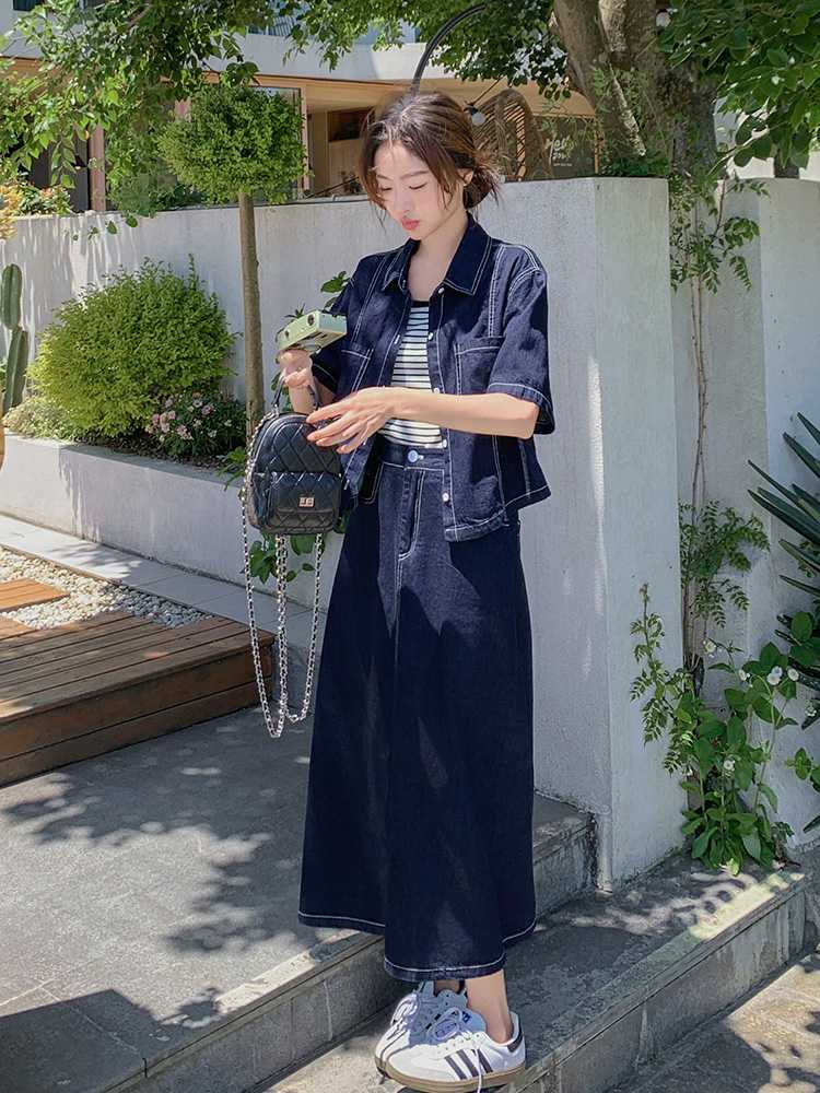 デニムセットアップ 半袖シャツ＆ロングスカート上下セット