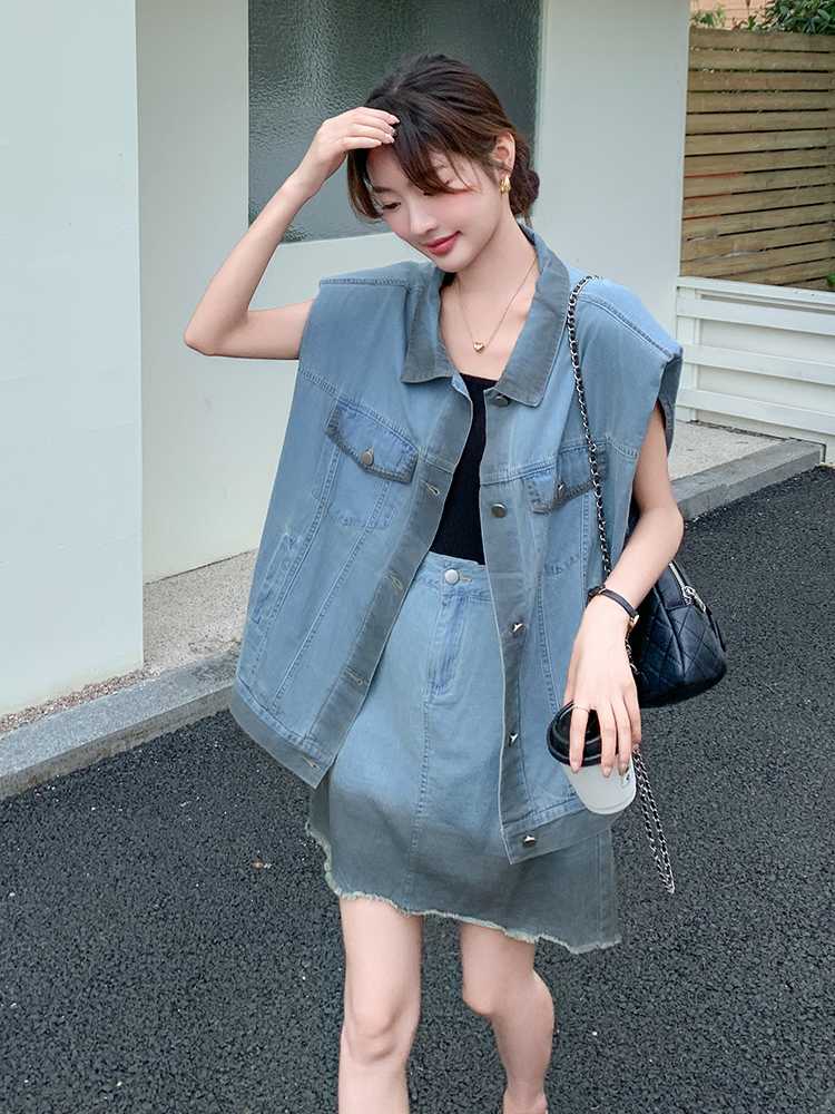 デニムセットアップ ノースリーブデニムベストスカートセット
