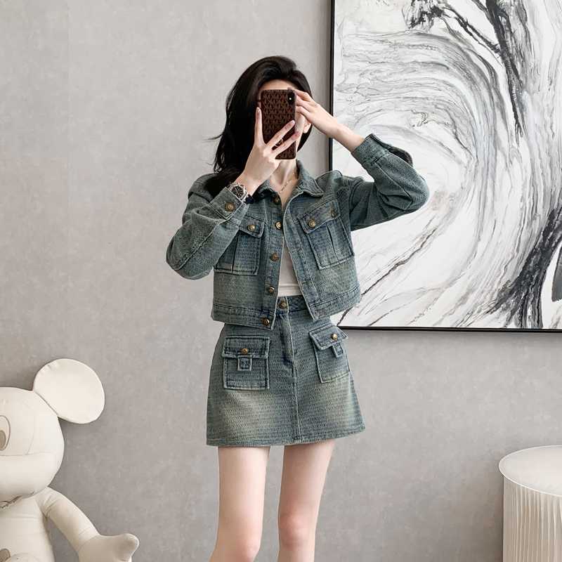 デニムセットアップ ポケット装飾 ミニスカート風セット