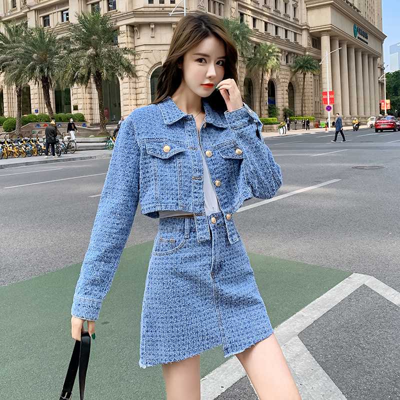 デニムセットアップ ツイード風デニム上下セット