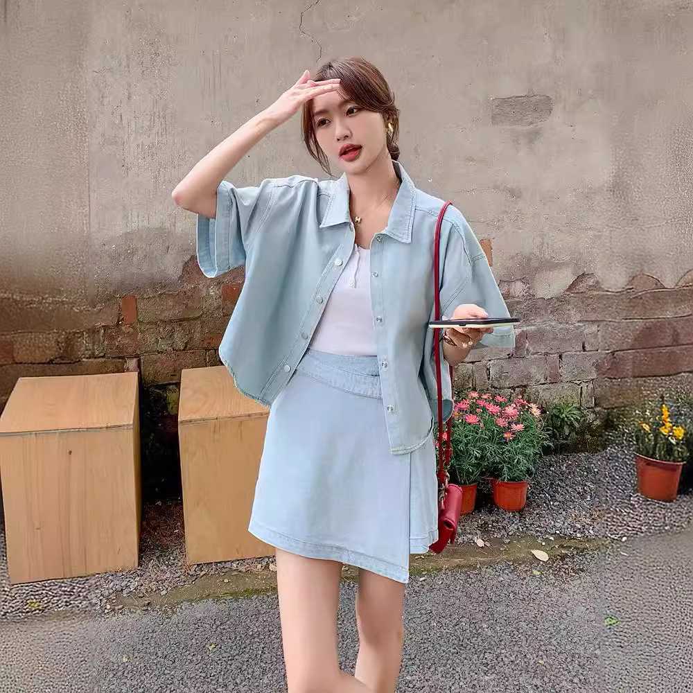 デニムセットアップ ゆったりデニム七分袖スカートセット