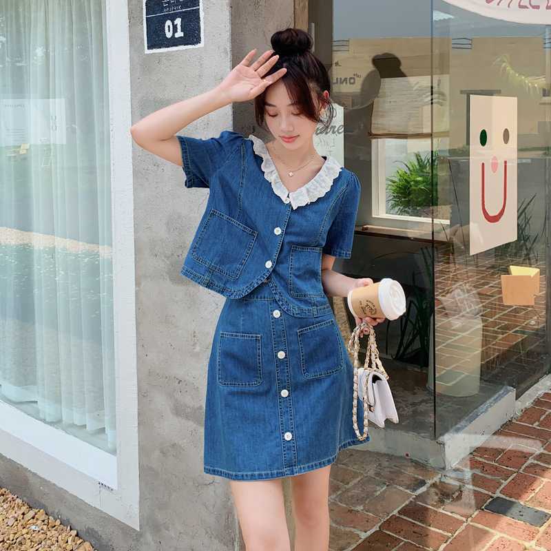 デニムセットアップ レース襟付きデニムセットアップ