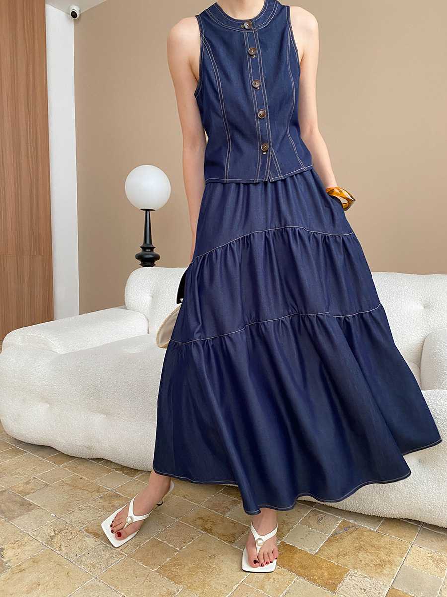 デニムセットアップ ノースリーブ ティアード スカートセット