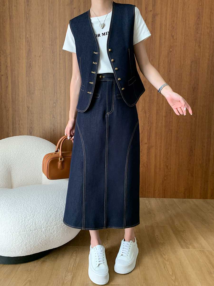デニムセットアップ クラシカルベスト＆ロングスカート