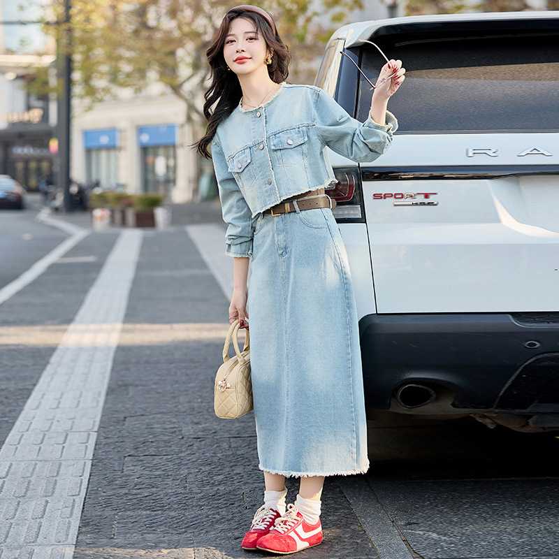 デニムセットアップ クロップド丈ジャケット×ロングスカート