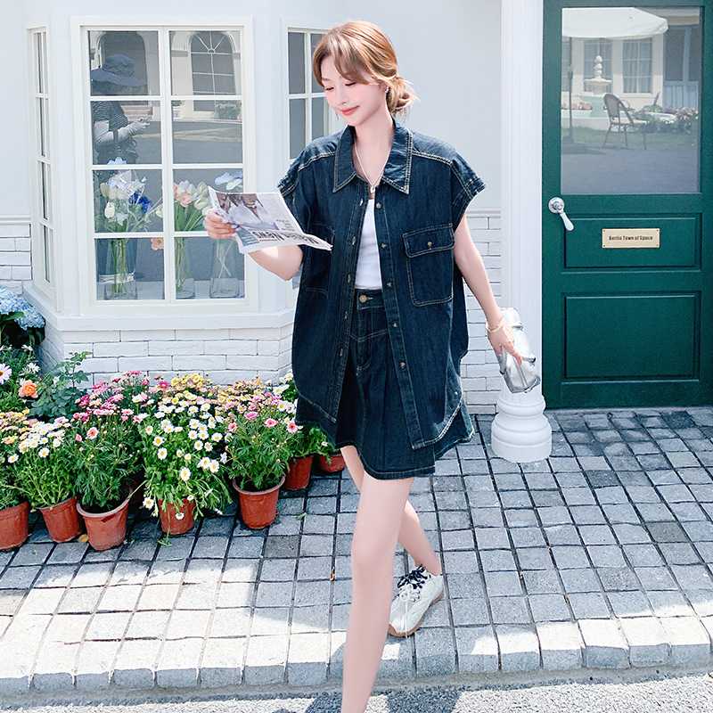 デニムセットアップ ゆったりノースリーブシャツセット