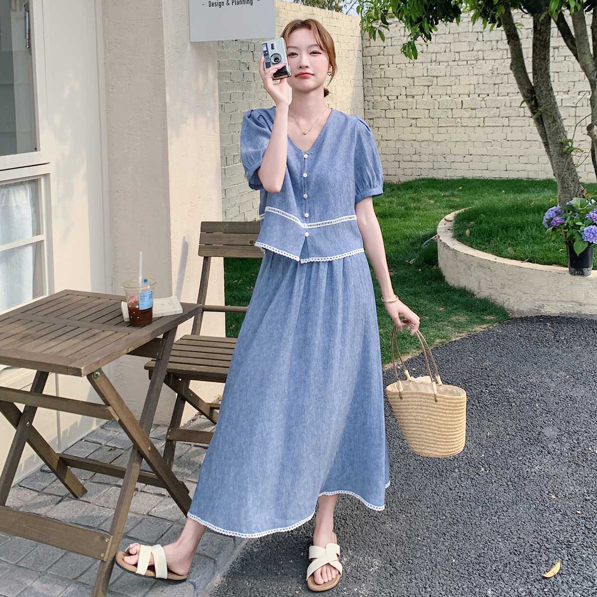 デニムセットアップ レース縁取りパフスリーブセット