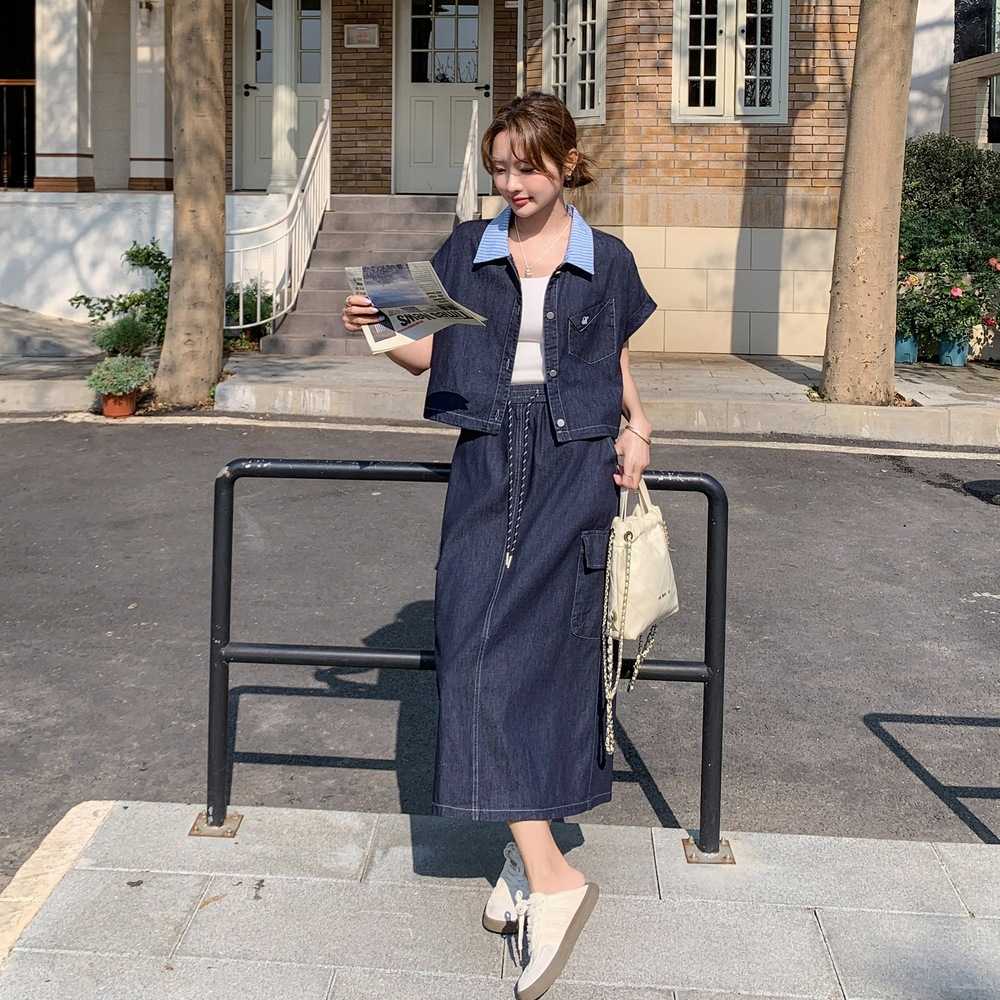 デニムセットアップ 爽やか襟付きデニムスカートセット