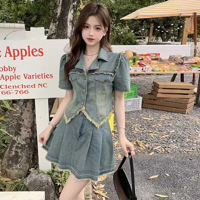 デニムセットアップ フリンジ装飾デニムセットアップ