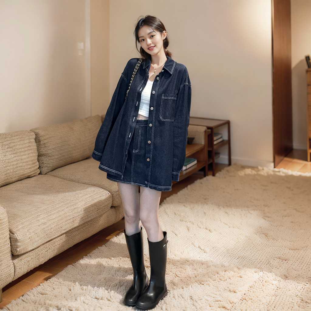 デニムセットアップ ゆったりミニスカートセット