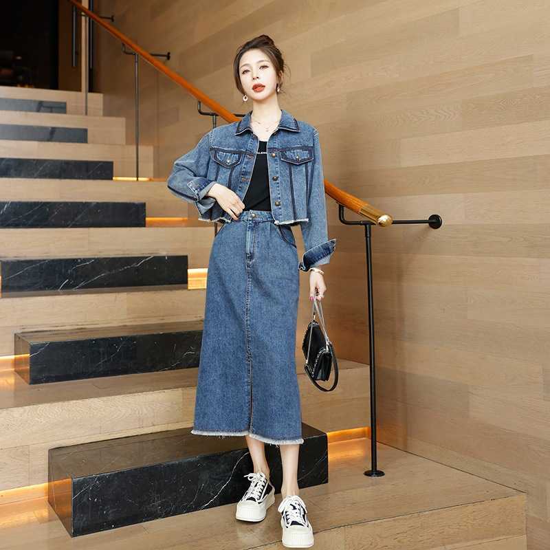 デニムセットアップ クロップド丈ジャケット×ロングスカート