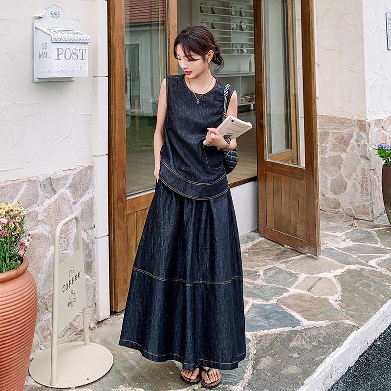 デニムセットアップ 大人の風格 ノースリーブ長裾セット