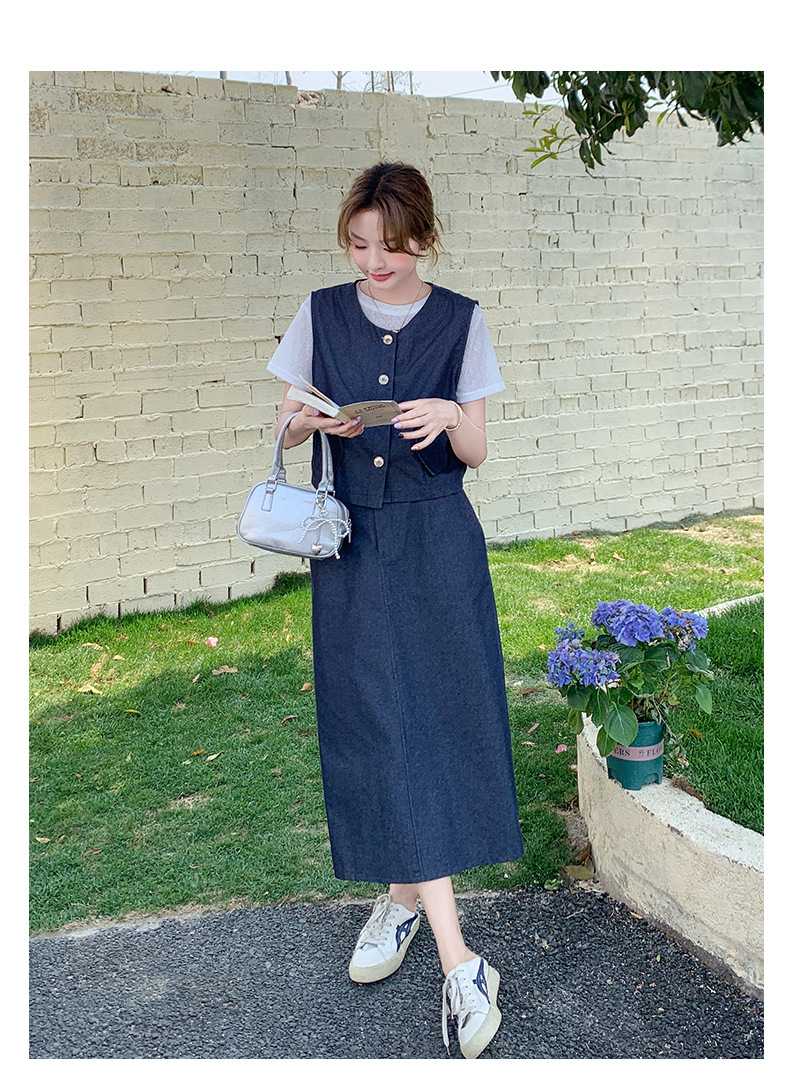 デニムセットアップ ノースリーブベスト長め丈スカートセット