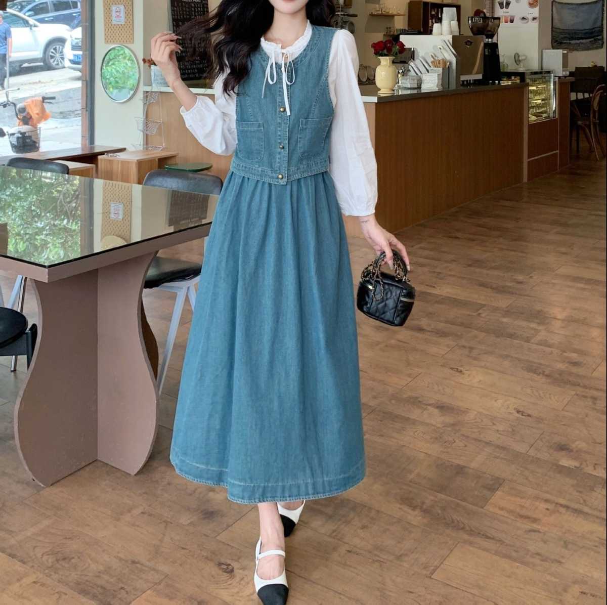 デニムセットアップ レイヤード風ベスト＆ロングスカート