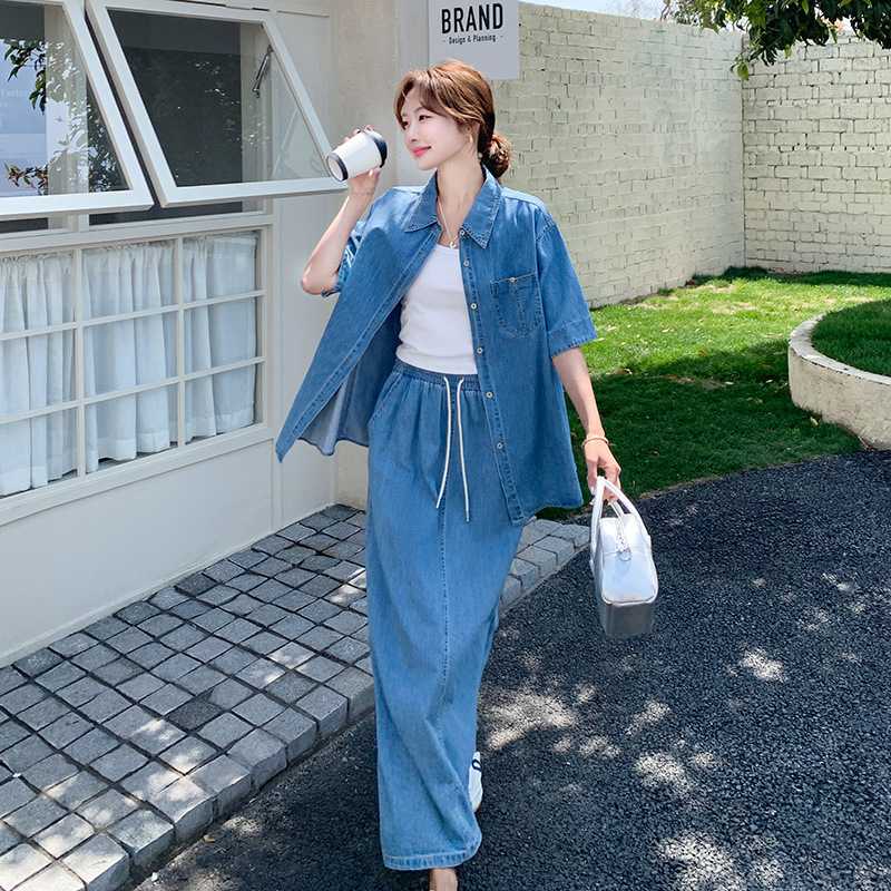 デニムセットアップ ゆったり五分袖シャツロングスカートセット