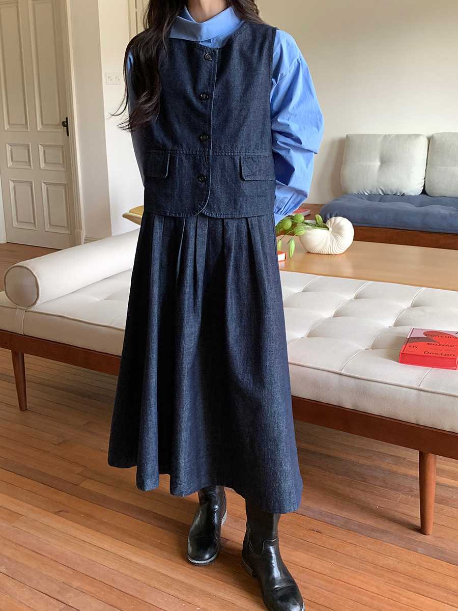 デニムセットアップ 上品シルエット デニムベスト＆スカート