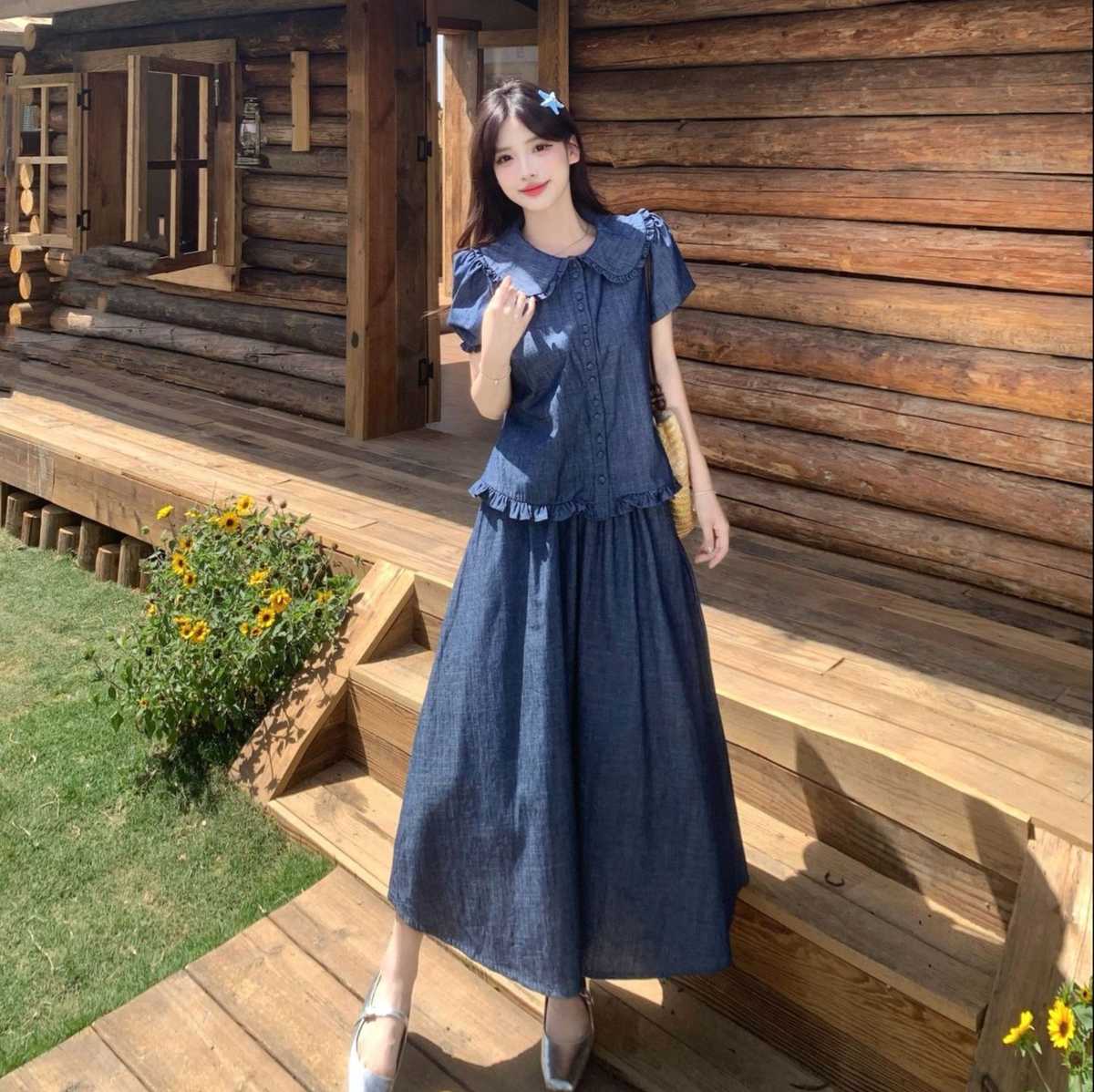 デニムセットアップ 優美な丸襟トップス＆デニムロンスカート