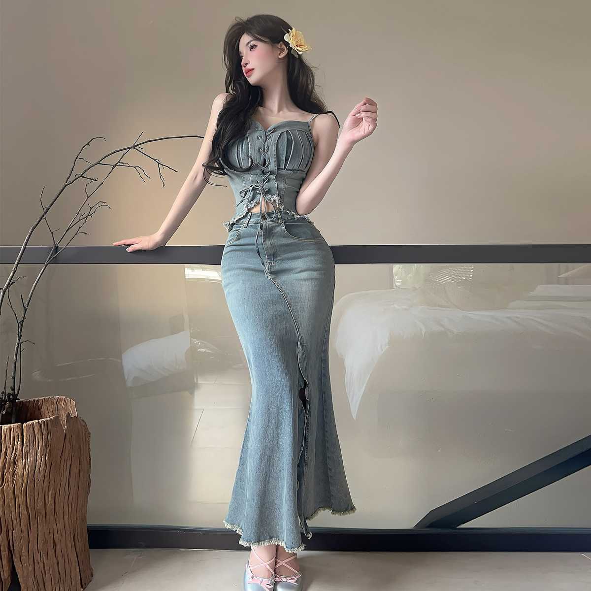 デニムセットアップ レースアップ マーメイドスカートセット
