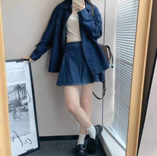デニムセットアップ ゆったりデニムシャツスカートセット