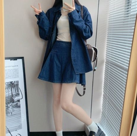 デニムセットアップ ゆったりデニムシャツスカートセット