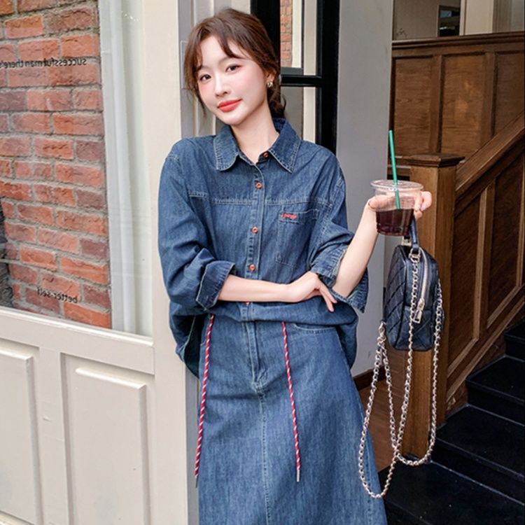 デニムセットアップ ゆったりデニムシャツスカートセット