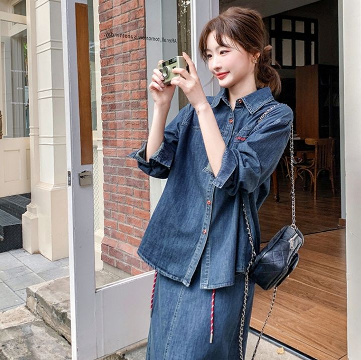 デニムセットアップ ゆったりデニムシャツスカートセット
