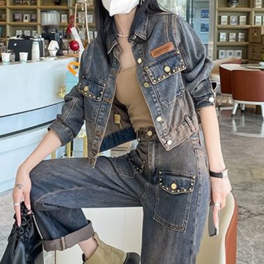 デニムセットアップ ビンテージ風ショート丈ジャケットとワイドパンツの上下組み