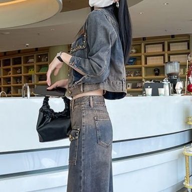 デニムセットアップ ビンテージ風ショート丈ジャケットとワイドパンツの上下組み
