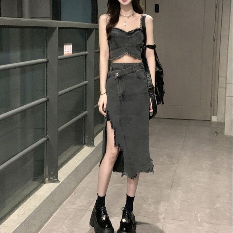 デニム二点セット フリンジビスチェ×サイドスリットスカート