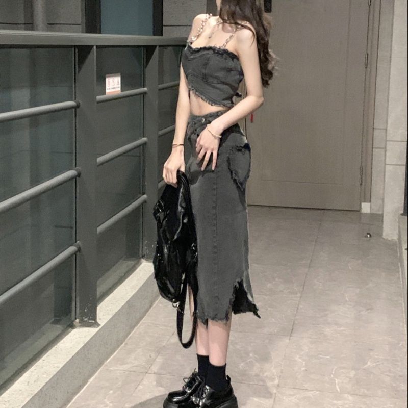 デニム二点セット フリンジビスチェ×サイドスリットスカート