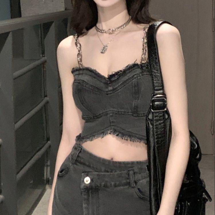 デニム二点セット フリンジビスチェ×サイドスリットスカート