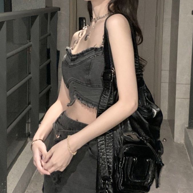 デニム二点セット フリンジビスチェ×サイドスリットスカート